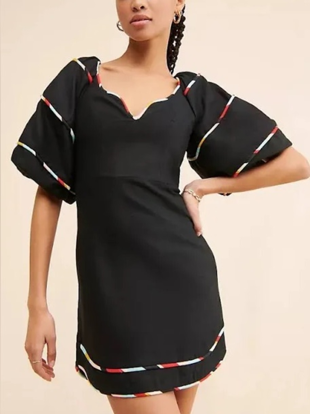 FARM Rio Black linen puff sleeve mini Dress with Multicolor Trim
